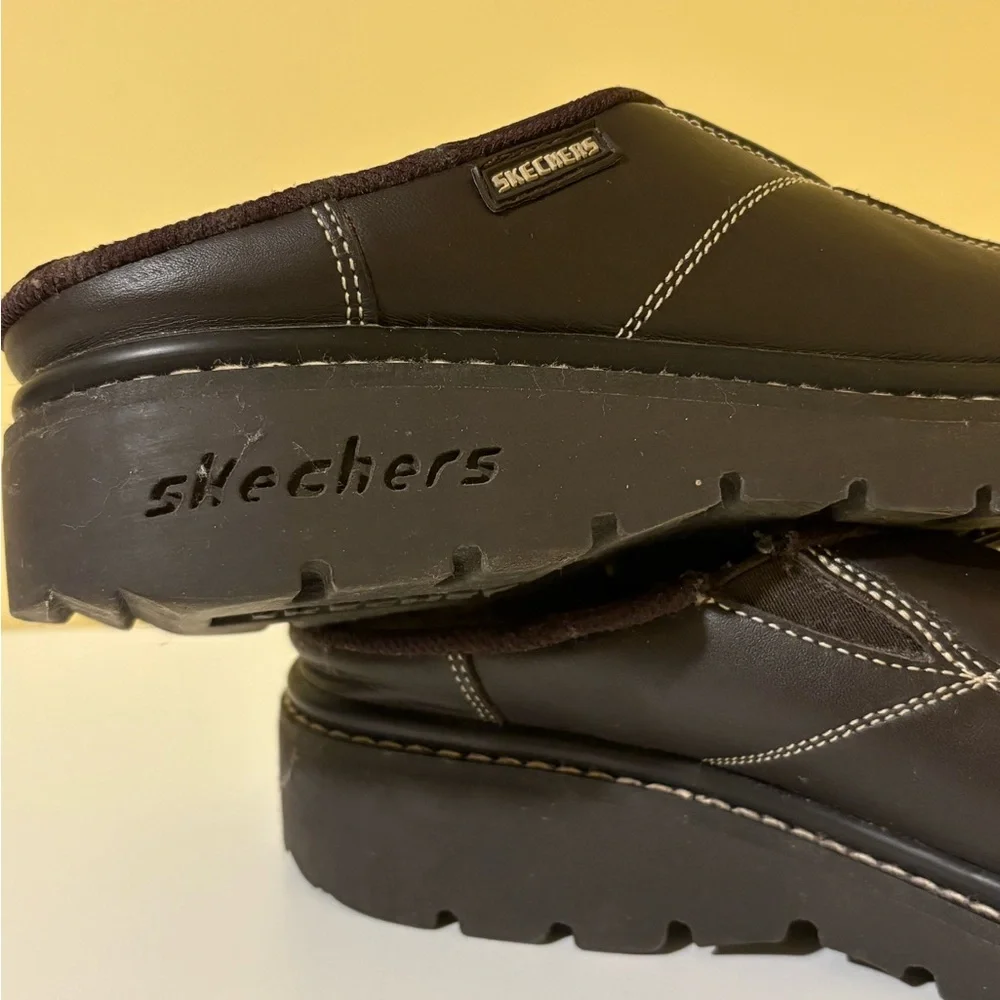Skechers Men’s Dark Braun Leather Slip-On Clogs with Rubber Sole, 11